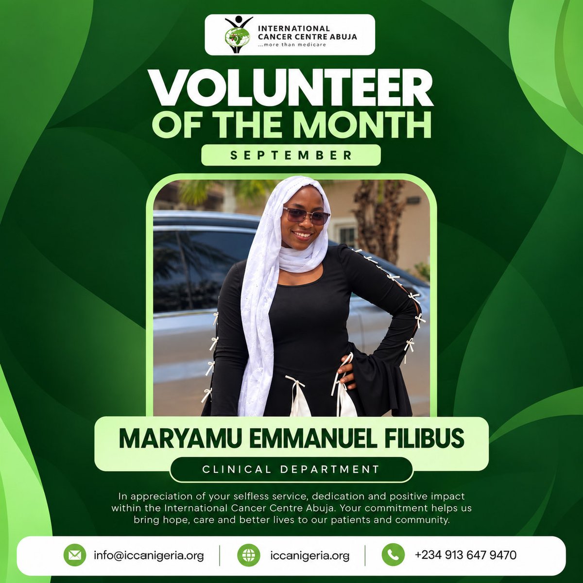 _iccanigeria's tweet photo. VOLUNTEER OF THE MONTH | SEPTEMBER 

This month, we’re celebrating Maryamu Emmanuel Filibus from our Clinical Department for her selfless service, commitment, and positive impact at the International Cancer Centre Abuja. https://t.co/iYv9FFopOT