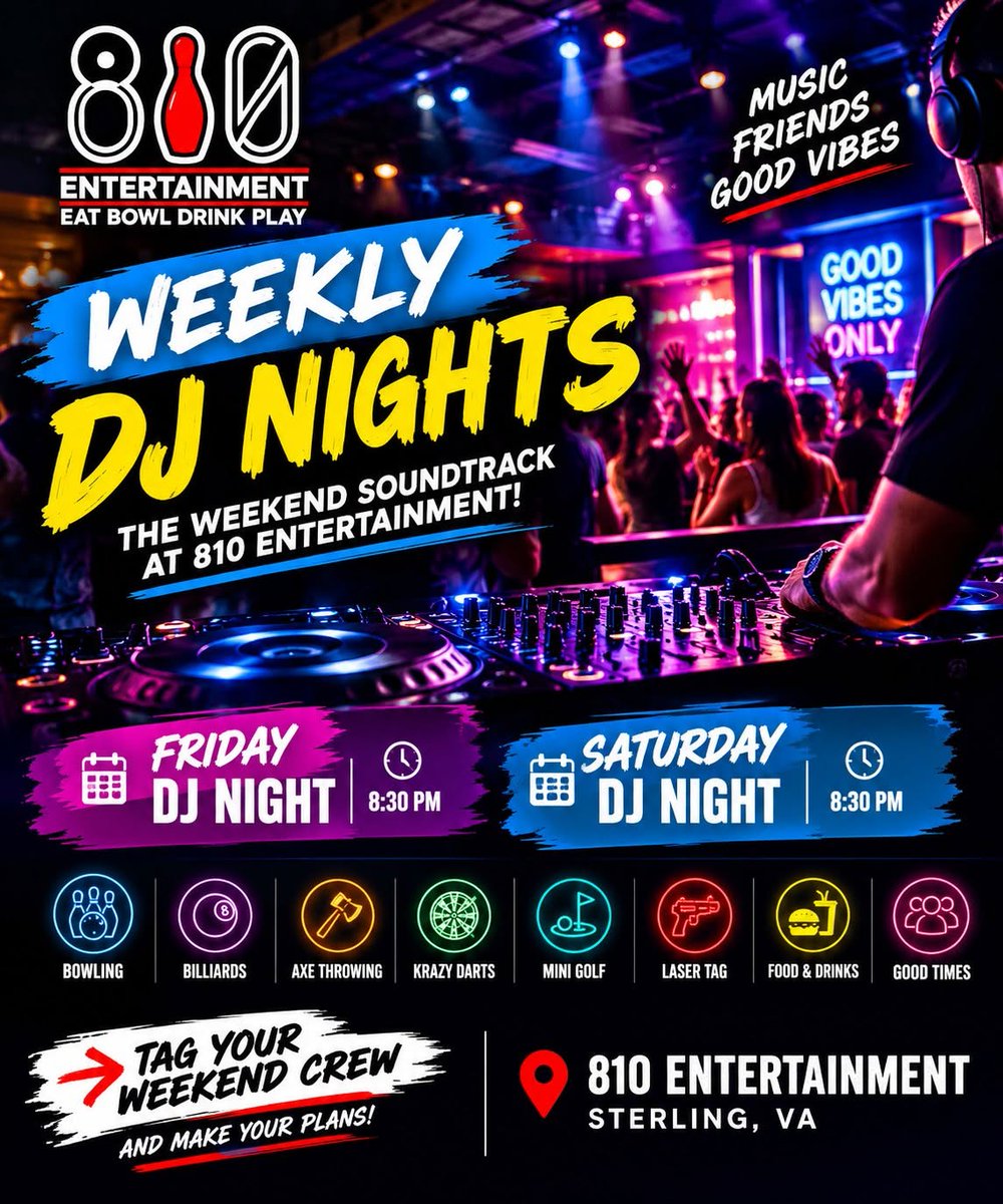 LoCoEntertain's tweet photo. Friday and Saturday Nights are DJ NIGHTS at #810Entertainment #dullesmall #sterling #loudouncounty #loudounentertainment #visitloudoun https://t.co/oQYxKOM36c
