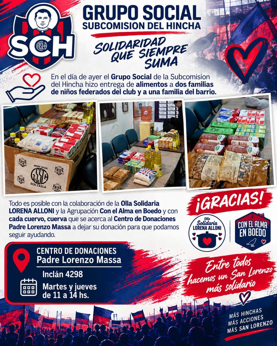 schcasla's tweet photo. ❤️💙 SOLIDARIDAD QUE SE TRANSFORMA EN ACCIONES ❤️💙

En el día de ayer, desde el Grupo Social de la Subcomisión del Hincha, realizamos una nueva entrega de alimentos destinada a dos familias de niños federados del club y a una familia del barrio.

Cada entrega es posible gracias al compromiso y la solidaridad de muchas personas. 🤝

Queremos agradecer especialmente a la Olla Solidaria Lorena Alloni, a la Agrupación Con el Alma en Boedo y a cada cuervo y cuerva que se acerca al Centro de Donaciones Padre Lorenzo Massa para realizar su aporte.

🫶 Cada donación cuenta.
🫶 Cada colaboración suma.
🫶 Entre todos podemos seguir ayudando.

📍 Centro de Donaciones Padre Lorenzo Massa
Inclán 4298
🗓️ Martes y jueves
⏰ De 11 a 14 hs.

Porque cuando la solidaridad se convierte en acción, el corazón de San Lorenzo late más fuerte. ❤️💙

#SanLorenzo #Boedo #SchCasla #GrupoSocial  #ConElAlmaEnBoedo #OllaSolidaria
