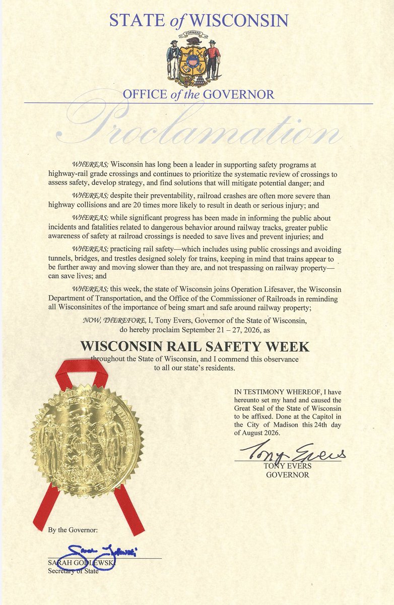 GovEvers's tweet photo. Railroad crashes are often preventable and making sure folks are educated about railway safety can save lives.

That's why I'm proud to join partners across the state in recognizing Rail Safety Week to help raise awareness and encourage folks to be cautious around tracks. https://t.co/A6KU2u4tRe