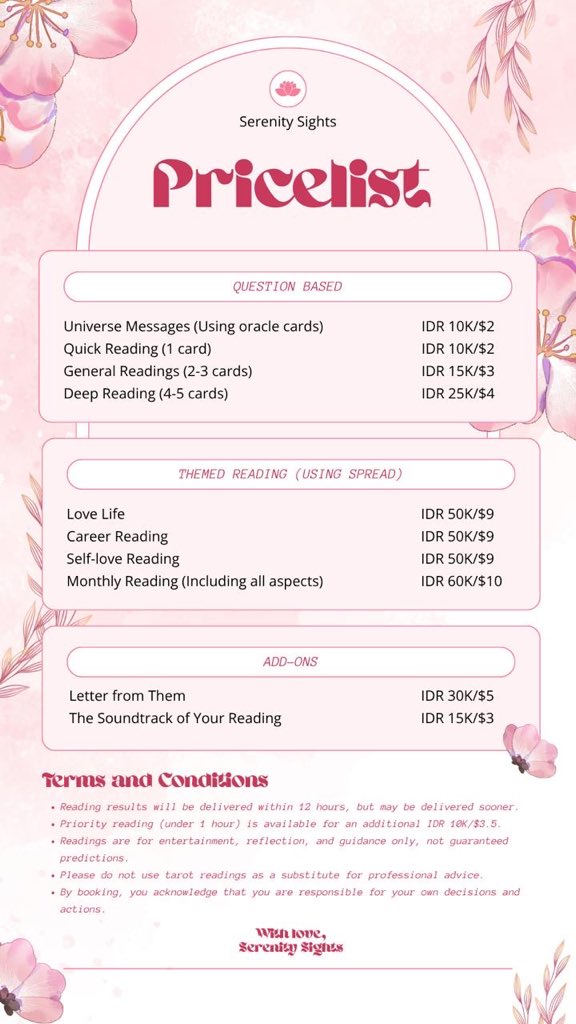 serenitysights's tweet photo. hii guys aku open for tarot reading yaa, untuk general sama deep reading hasilnya langsung keluar yaaac

5 orang pertama bonus oracle

#zonauang https://t.co/rI8isEvuuw