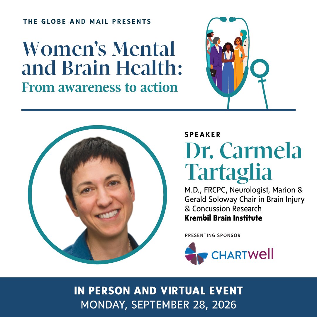 UHNconcussions's tweet photo. Dr. Carmela Tartaglia will be speaking at The Globe and Mail’s Women’s Mental and Brain Health: From Awareness to Action event.

📅 Sept. 28 | In person &amp; virtual
Register now via the link elow!
🔗 https://t.co/3VHfyUf68u

#GlobeWomensMentalandBrainHealth
#WomensBrainHealth #UHN https://t.co/IwLpjjuUYr