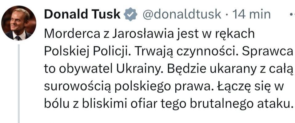 PatriotycznyTo's tweet photo. Premier Tusk napisał, że Ukrainiec z Jarosławia zostanie surowo ukarany za morderstwo.
Jakby co, to Kolumbijczyk za morderstwo w Nowem właśnie dostał 8 lat. https://t.co/kUqhuYKc3A