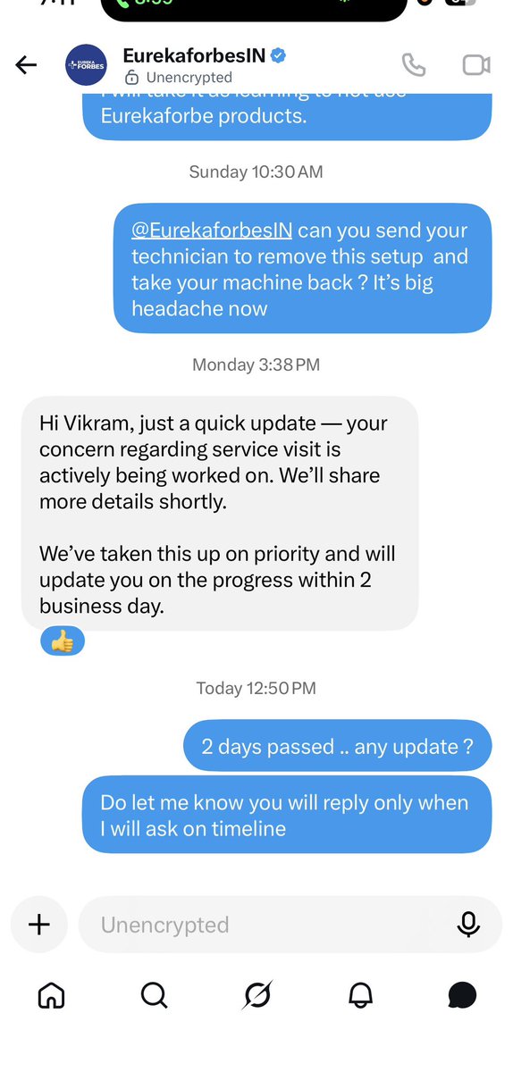 vikram00797's tweet photo. @EurekaforbesIN @pratikpota @Eureka_ForbesIN @EurekaforbesIN  I am surprised on your confidence and fake promises. Now forced to post on your timelines. No progress and one useless DM. 
@KentROSystems hope you don’t do same with your customer. https://t.co/VdSpttwvbQ