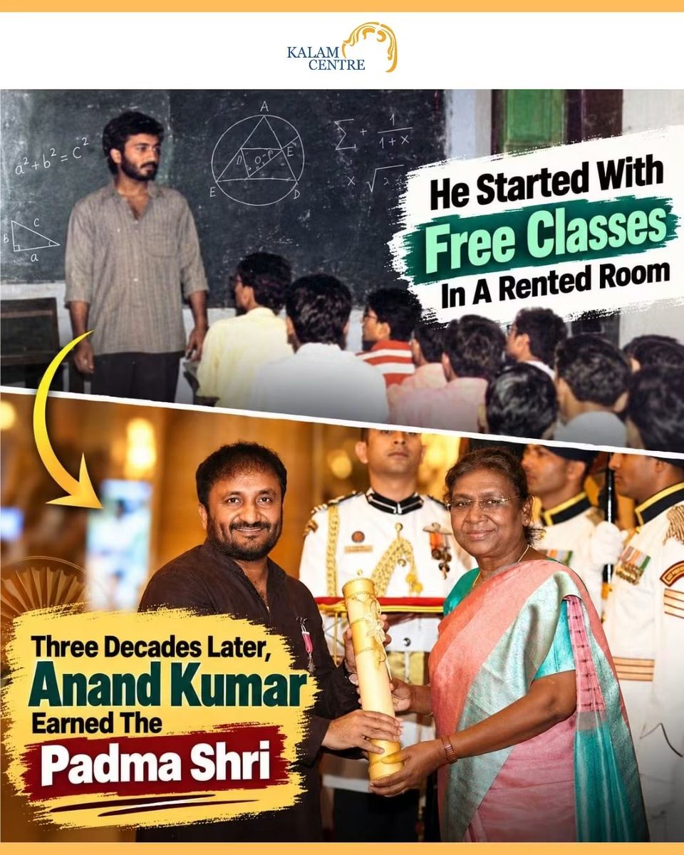 KalamCenter's tweet photo. He lost the chance to study at Cambridge. Instead, he helped hundreds of students reach IIT. ❤️📚

In 1992, Anand Kumar started the Ramanujan School of Mathematics with just a few students and one belief: talent should not depend on money.

In 1994, he earned an opportunity to study at Cambridge University, but financial hardship forced him to give up the dream.

Rather than letting that setback define him, he turned his attention toward students facing the same financial barriers.

That vision eventually became Super 30—providing economically disadvantaged students with free coaching, food and accommodation to prepare for IIT-JEE.

What began with a handful of mathematics students grew into a movement that changed countless lives.

In 2023, Anand Kumar was awarded the Padma Shri for his contribution to education. 🇮🇳

Sometimes, a closed door doesn't end your journey. It changes the direction of your purpose.

#AnandKumar #Super30 #Education #PadmaShri #InspiringIndia #IIT #Mathematics #EducationForAll #SuccessStory