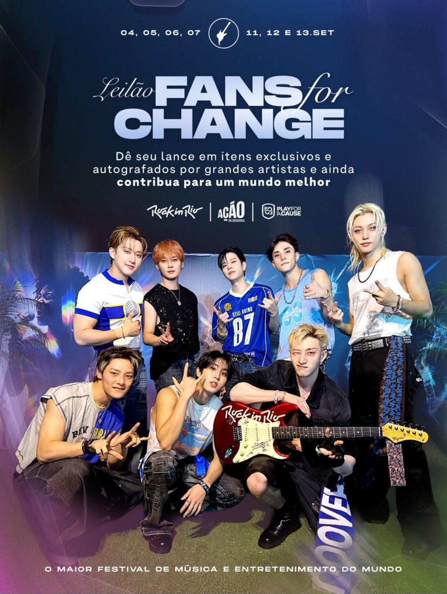 innievideos's tweet photo. STRAY KIDS WITH THE GUITAR SIGNED FOR THE ROCK IN RIO AUCTION. https://t.co/uAyuRmN8n2