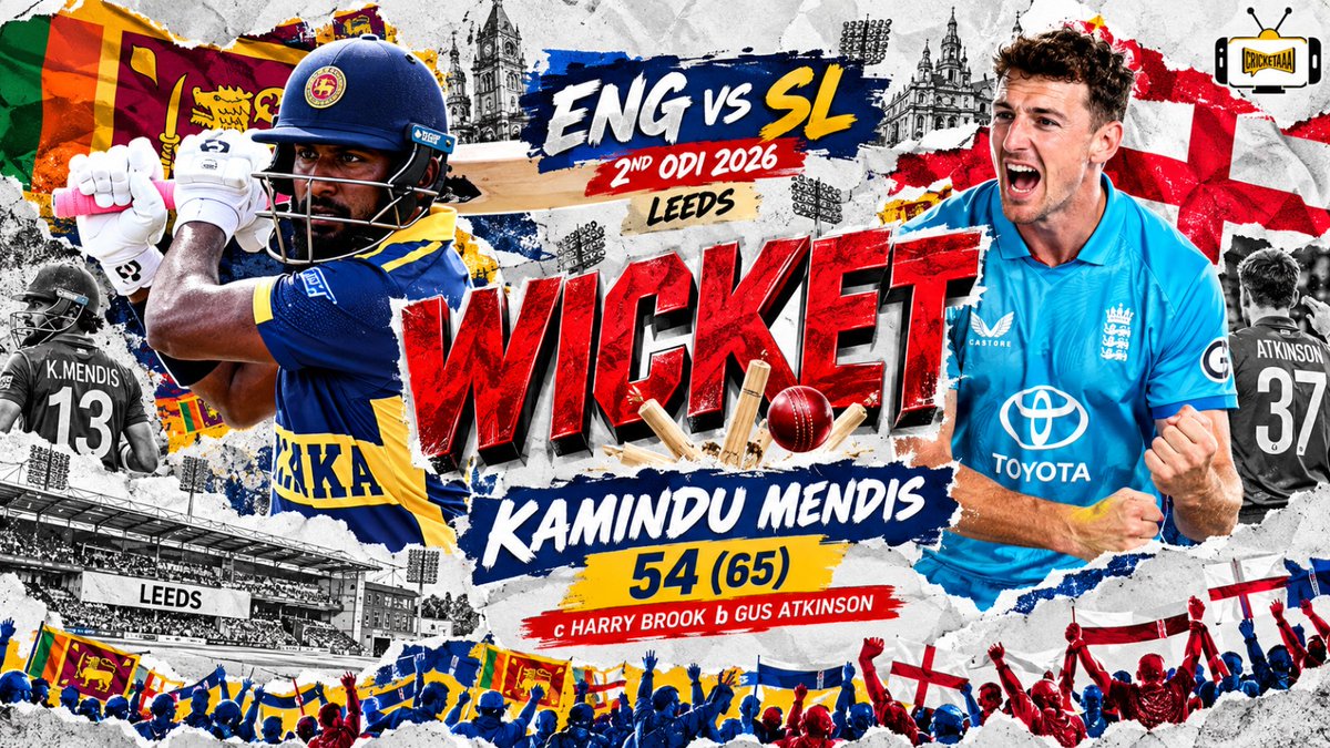 IndianSportFan's tweet photo. Kamindu Mendis departs for 54 off 65 balls after a composed knock in Leeds.
Gus Atkinson gets the breakthrough, with Harry Brook completing the catch as England finally break the partnership.
#ENGvSL #KaminduMendis #GusAtkinson #SriLankaCricket #EnglandCricket #ODICricket #Cricketaaa #cricketaaatv