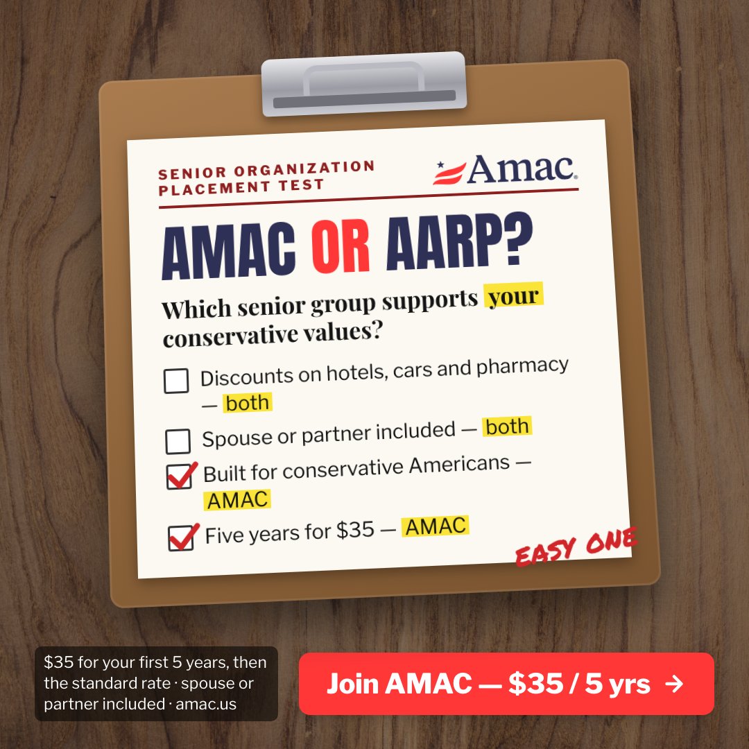 AMACforAmerica's tweet photo. Senior Organization Placement Test. Discounts: both. Spouse: both. Conservative values: AMAC. $35 for five years: AMAC.