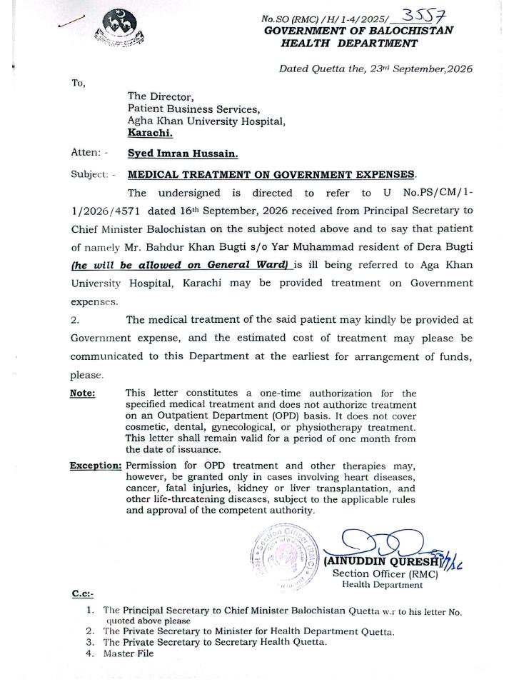 BugtiYouth's tweet photo. On the efforts of Bugti Youth Organization President Abdul Ghaffar Bugti, the Balochistan government has issued a treatment letter for a poor resident of Zain Koh, Loti. The patient is currently admitted to Aga Khan Hospital for treatment.
Spokesperson, Bugti Youth Organization https://t.co/g1jkR953YO