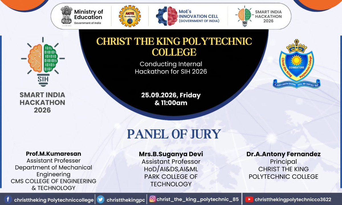 christthekingpc's tweet photo. 🚀Smart India Hackathon 2026 – Internal Hackathon

Christ the King Polytechnic College is conducting its Internal Hackathon on 25.09.2026 @ 11:00 AM💡🇮🇳

#SIH2026 #SmartIndiaHackathon2026 #Hackathon #Innovation #ChristTheKingPolytechnicCollege https://t.co/NJLD4wATn0