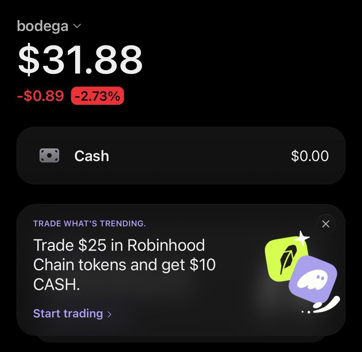 zazzkeee's tweet photo. Guys don’t forget @phantom giving $10 rewards just for trade $25 in robinhood tokens Trades 

Just open and check if you wallet are elegible 

Trade $25 and wait the end of the campaign to receive $10 for free ❤️ https://t.co/ZOBei3ziFI
