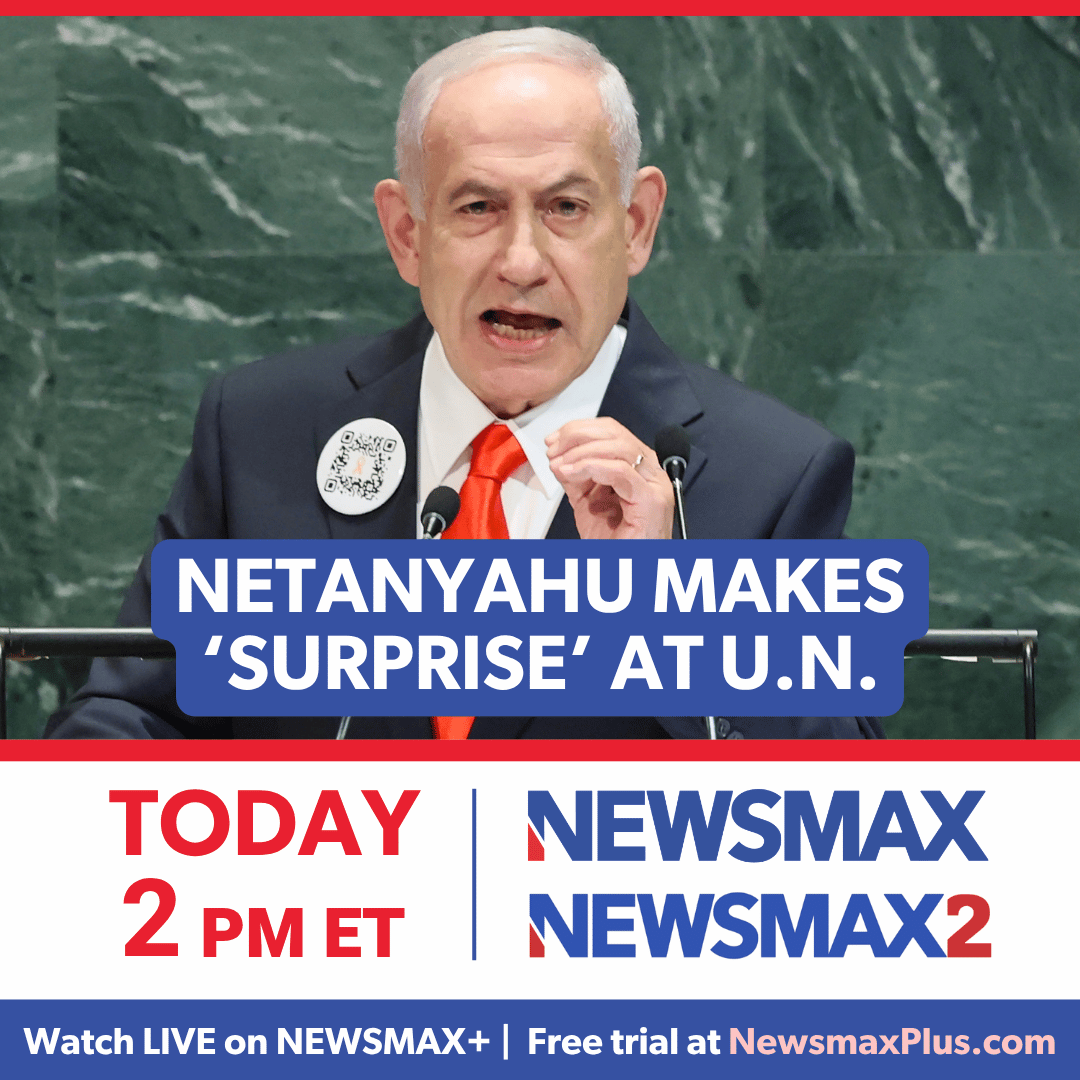 NEWSMAX's tweet photo. TODAY! Watch Netanyahu at UN, talks Iran, Trump! 
LIVE at 2 PM ET on @NEWSMAX. 
More: https://t.co/qbRBC40PLb https://t.co/c05uNjJenD
