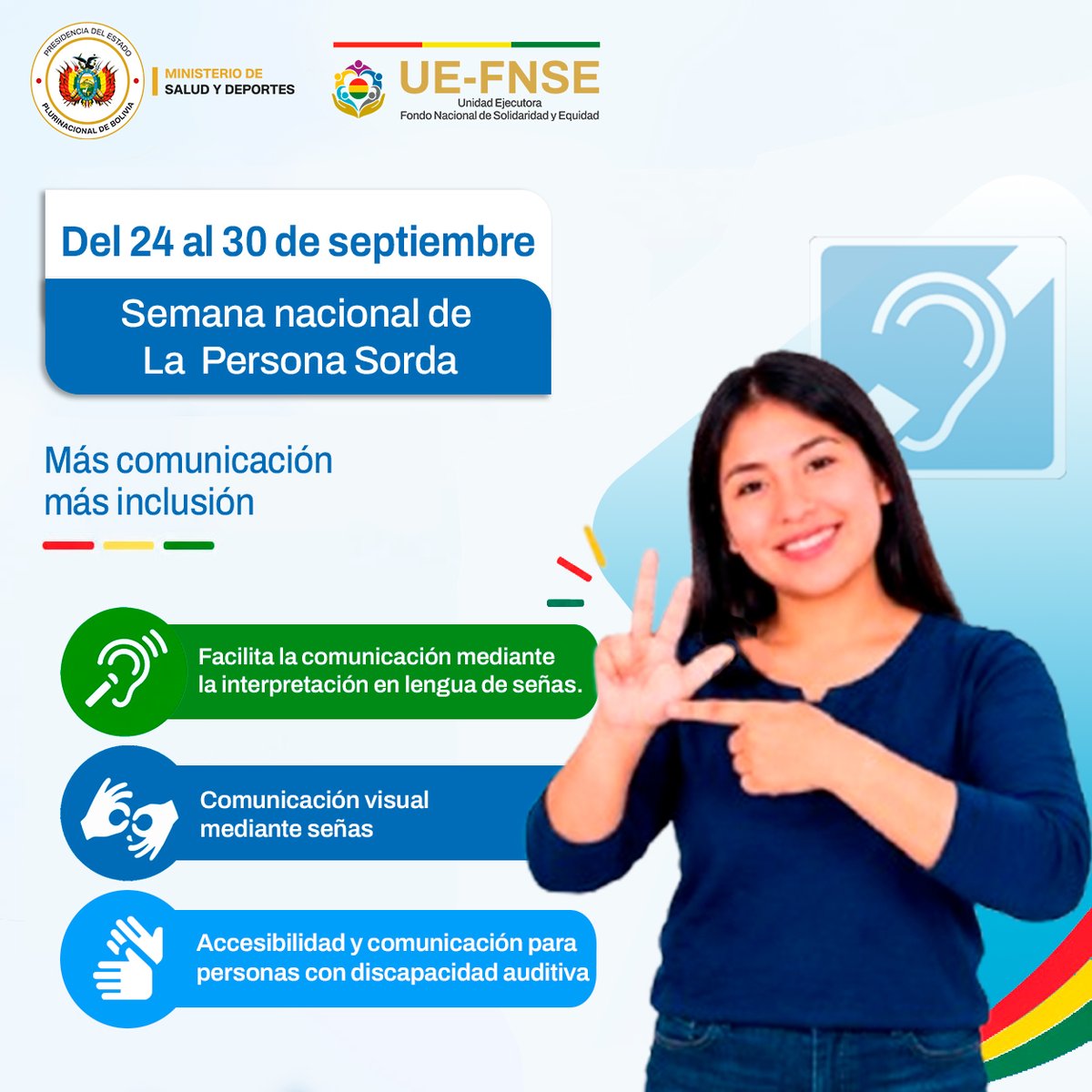 UEFNSE_oficial's tweet photo. 24 al 30 de septiembre | Semana Nacional de la Persona Sorda

Reconozcamos a las Personas Sordas desde su diversidad: identidad, lengua, cultura y distintas formas de comunicación y participación.

💡 Conocer es el primer paso para comprender.

#PersonaSorda #CulturaSorda #UEFNSE https://t.co/anioGTTVms