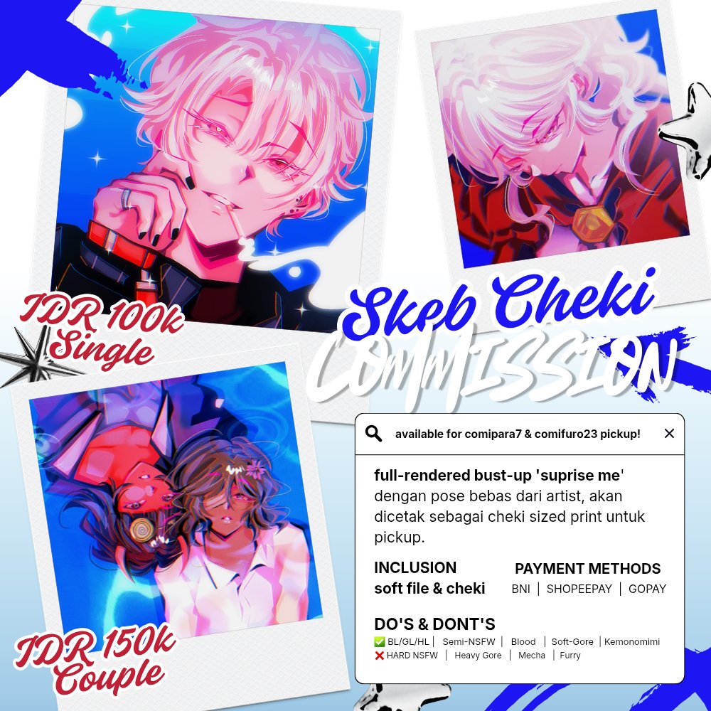 bobadonba's tweet photo. < 💙🔁's appreciated! >
#comipara7 #cf23 cheki commission pickup preorder 🖌

📅 PO Period: 24 - 30 September 2026
📍CMPR7 | H24
📍CF23 | N46

starts from 100k, you'll get full render bust up soft file and printed cheki!

Link  ⬇️
#comipara7 #comifuro23 #opencommission https://t.co/W1IBt3ZEJ5