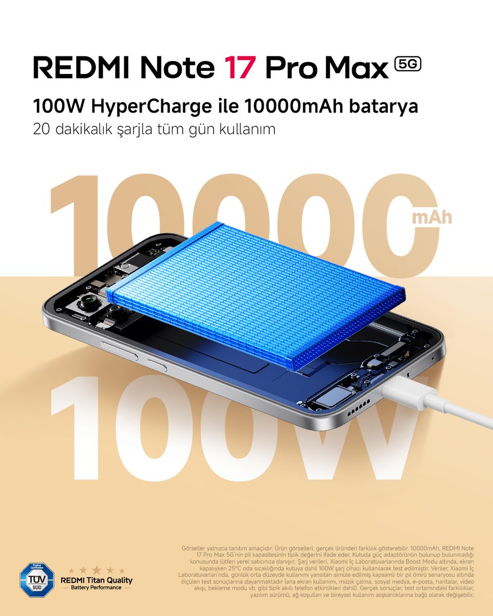 XiaomiTurkiye's tweet photo. Daha fazla güç. Daha az bekleme. ⚡
10.000mAh Silikon-Karbon pil ve 100W HyperCharge ile #REDMINote17ProMax5G , yalnızca 20 dakikalık şarjla tam bir günlük güç sunuyor.
#REDMINote17Serisi #MaxGibiMax #TitanGücüyleMaksimuma https://t.co/Xe12uKwusK