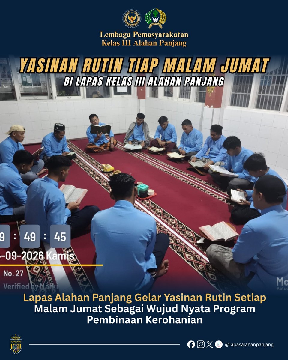 prisonalpan's tweet photo. Lapas Kelas III Alahan Panjang melaksanakan Yasinan rutin setiap malam Jumat sebagai bagian dari program pembinaan kerohanian bagi WBP. 🤲📖 https://t.co/q9iIeBdM1k