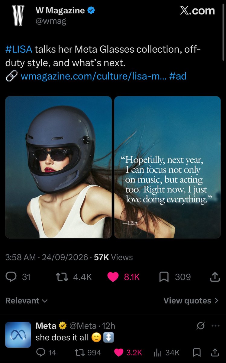 SoftieNova's tweet photo. Lisa's global clout is unmatched!! Signed a year ago, cooked in silence and dropped as the main event and sole Asian representative for the biggest tech giants like Meta!! Comparing any idols to an actual global IT girl is just f funny 🔥

Meta really gets crazy for her ✨ https://t.co/8k2MwpfOMU