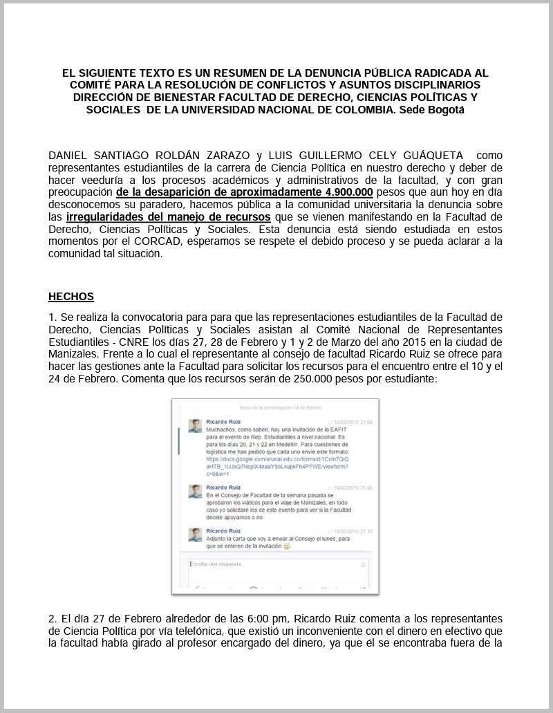 soysantiroldan's tweet photo. Para que no digan que es un chisme a medias reproduzco la denuncia pública que realice por allá en 2015 sobre @RicardoRuiz_ 
"DANIEL SANTIAGO ROLDÁN ZARAZO y Guillermo Cely como representantes estudiantiles de la carrera de Ciencia Política en nuestro derecho y deber de hacer veeduría a los procesos académicos y administrativos de la facultad, y con gran preocupación de la desaparición de aproximadamente 4.900.000 pesos que aun hoy en día desconocemos su paradero, hacemos pública a la comunidad universitaria la denuncia sobre las irregularidades del manejo de recursos que se vienen manifestando en la Facultad de Derecho, Ciencias Políticas y Sociales. Esta denuncia está siendo estudiada en estos momentos por el CORCAD, esperamos se respete el debido proceso y se pueda aclarar a la comunidad tal situación." Continua el 🧵