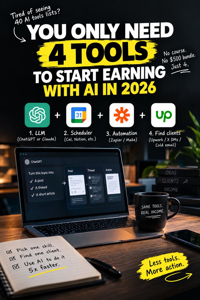 AIPulseNewsX's tweet photo. Everyone keeps asking "which ai tool should i use to make money" and sending me lists with 40 apps on them. you need 4. that's the whole post https://t.co/Vg8Mbgx8fZ