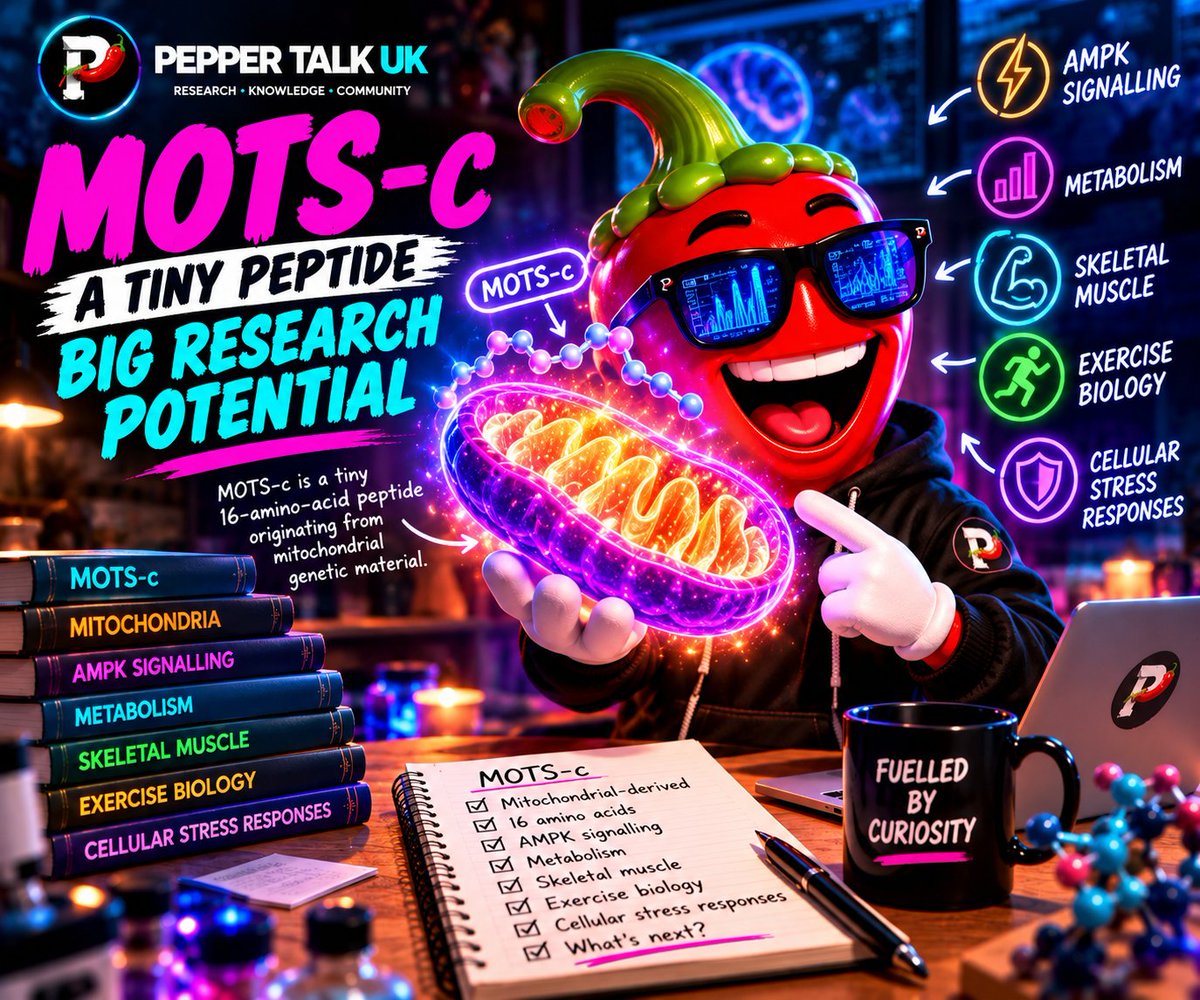 Peppertalkuk's tweet photo. 🌶️ Let’s unpack MOTS-c.

🧬 A 16-amino-acid mitochondrial-derived peptide being researched in AMPK signalling, metabolism, skeletal muscle, exercise biology &amp; cellular stress responses. 🔬

And it gets more interesting… 👀

Next: what does MOTS-c actually do?

#MOTSc https://t.co/PUIPq8CYRb