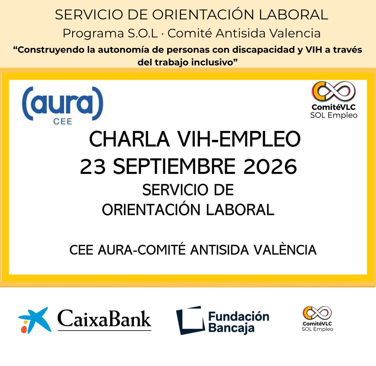 ComiteVLC's tweet photo. Gracias a CEE AURA por abrir sus puertas a la sensibilización sobre VIH y empleo para derribar estigmas, combatir la discriminación y construir entornos laborales más inclusivos.
#ConvocatoriaCapaces de @FundacionBcja y @caixabank
#CharlaSensibilización #SOLComite2026 #ComiteVLC https://t.co/6jXBc01Tgk