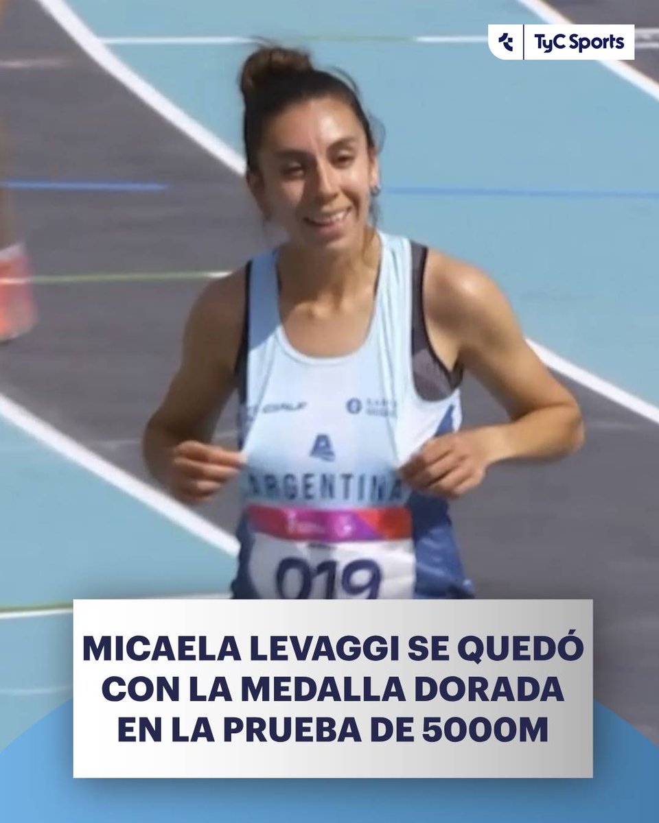 TyCSports's tweet photo. 🥇🇦🇷 ¡UNA NUEVA DORADA PARA ARGENTINA EN LOS SURAMERICANOS!

Luego de su consagración en los 1500m de ayer, Micaela Levaggi volvió a subirse a lo más alto del podio y se quedó con la presea dorada en la prueba de 5000m.

¡FELICITACIONES! 👏🏻🇦🇷 https://t.co/F2TJDFcsm0