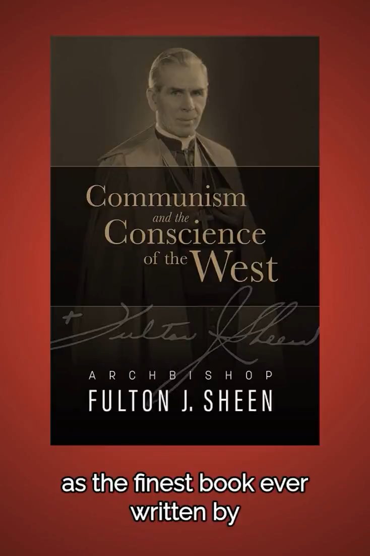Book cover for 'Communism and the Conscience of the West' by Archbishop Fulton J. Sheen, featuring a black-and-white portrait of the author in clerical attire, with text reading 'as the finest book ever written by' at the bottom.
