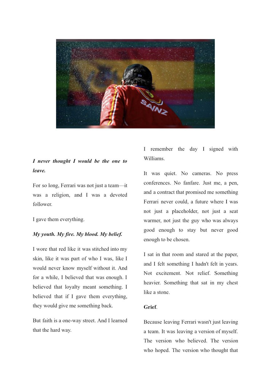 FadedSainz's tweet photo. For Carlos, and for every driver who ever loved a team that was never theirs to keep. May your next chapter be written in colors that finally feel like yours. https://t.co/MISWDuJ7Nt