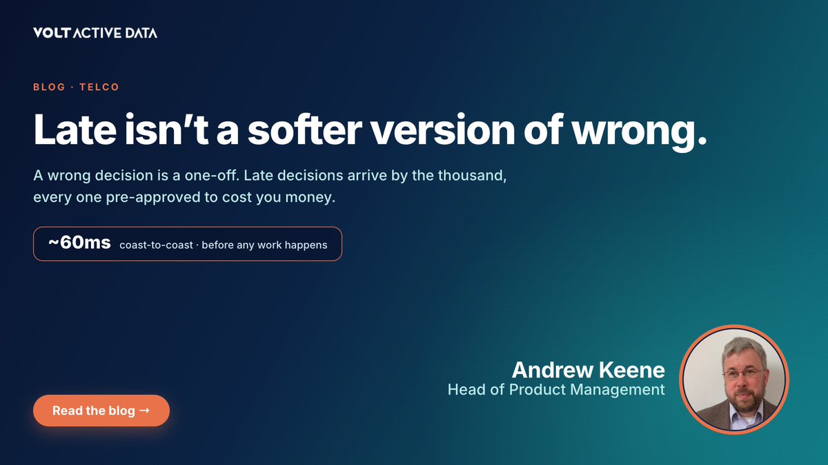 VoltActiveData's tweet photo. @VoltActiveData’s Andrew Keene on why late is worse than wrong in charging: 
https://t.co/qKnD7PKbll

#Telco #5G #RealTimeData https://t.co/Fidz2Q3c0o