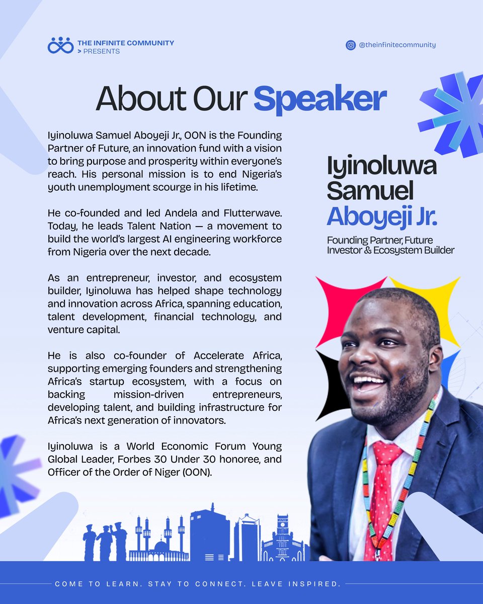 _techforge's tweet photo. We're excited to welcome lyinoluwa Samuel Aboyeji Jr. to #techforge2026 stage!

As a founding partner of Future Africa, investor and ecosystem builder, lyin has spent years building, backing and supporting the next generation of African innovators.

At TechForge, he'll be joining us for a fireside conversation on Building for the Future: Skills, Technology & Opportunity in Africa.

This is one conversation you'll want to be part of.

📅 December 5th, 2026
📍 The Zone, Gbagada, Lagos

Get your ticket through the link in our bio.
