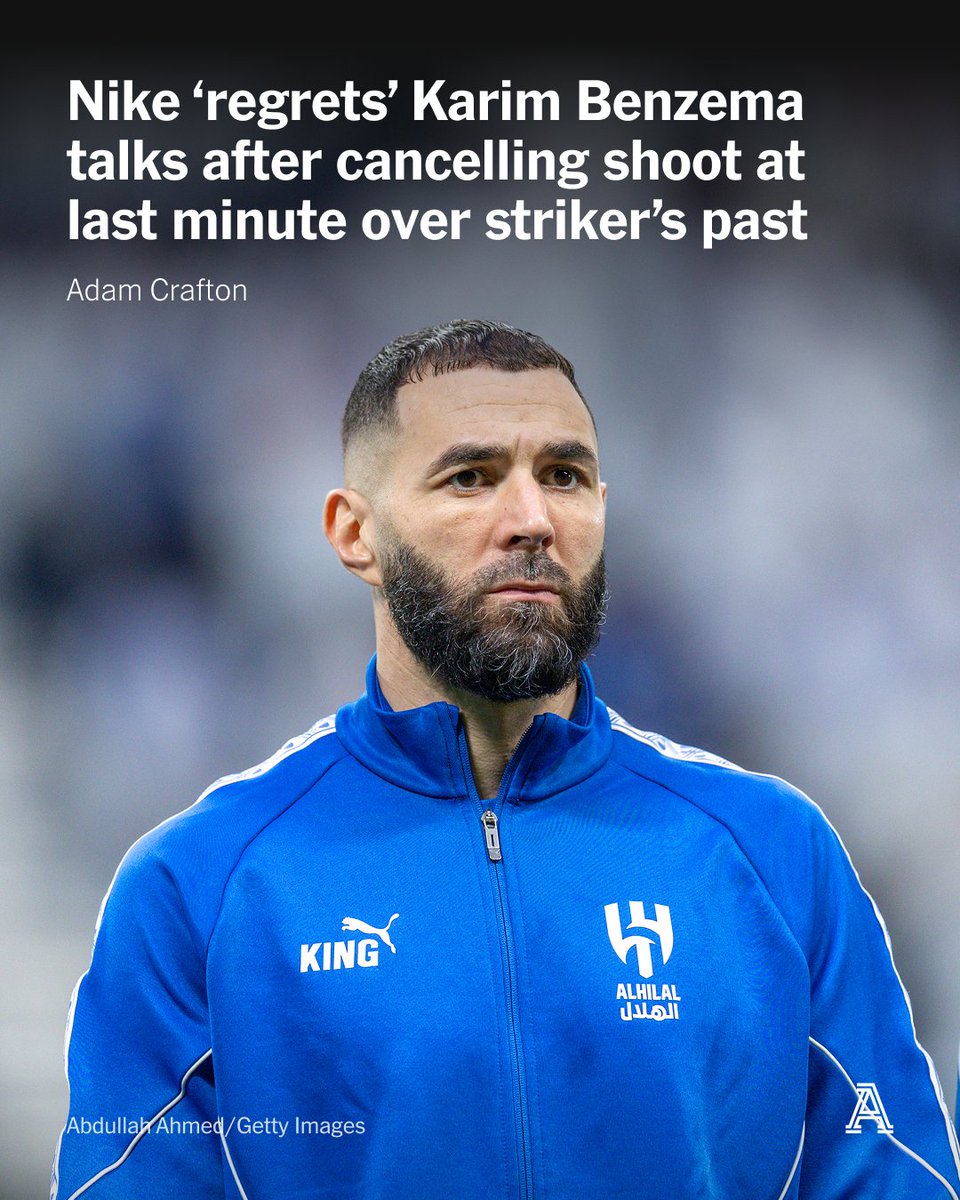 TheAthleticFC's tweet photo. Nike cancelled a scheduled filming session for a campaign advert featuring the former Real Madrid striker Karim Benzema on Wednesday night after the sportswear company decided the footballer did not align with the brand’s values.

The filming had been scheduled to take place in London on Thursday.

Full story from @AdamCrafton_ ⬇️

🔗 https://t.co/gMzxTZo6sv
