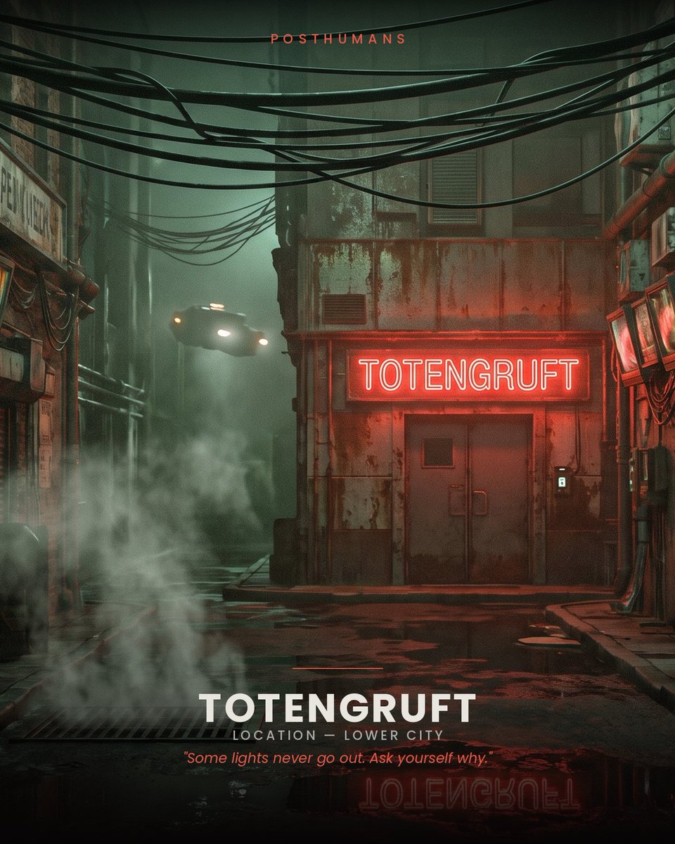 Posthumansproj's tweet photo. POSTHUMANS — LOCATION FILE

TOTENGRUFT

Everything else down here runs on scraps and hope. This place never flickers. Never dims. Never runs out.
Someone's paying for that. Nobody down here can afford to ask who.
#Posthumans #DarkSciFi #Dystopian  #ConceptArt #nfavst https://t.co/6GLYNBEV5H