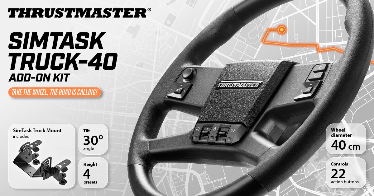 TMThrustmaster's tweet photo. 🚛 Take the wheel, the road is calling.

Meet the SimTask Truck-40 Add-On Kit: a complete pack made for truck simulation.

Its  40 cm wheel rim is inspired by European trucks, with 22 controls including a mini-stick, rocker switches, turn signal control and horn.

The adjustable metal mount positions your racing wheel base horizontally for a more authentic driving position, while Plug & Play controls in Euro Truck Simulator 2 and American Truck Simulator let you get straight on the road. 

👉https://t.co/2gurrtScRI