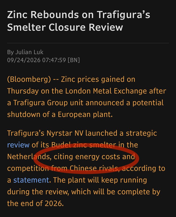 BankerWeimar's tweet photo. Major zinc smelter in Europe may shut down on energy costs.

(Stuff like this is generally designed to light a fire under the government’s ass to do something to keep it running) https://t.co/OUpfGtQ3V5