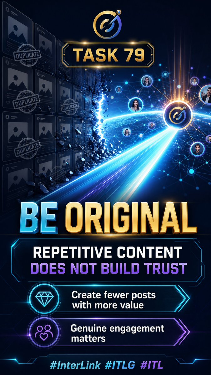 UzuKhali's tweet photo. Be original in Task 79. Repetitive content does not build trust—meaningful posts and genuine engagement create stronger connections and better opportunities.
#InterLink #ITLG #ITL https://t.co/QJH0Gph4Ry