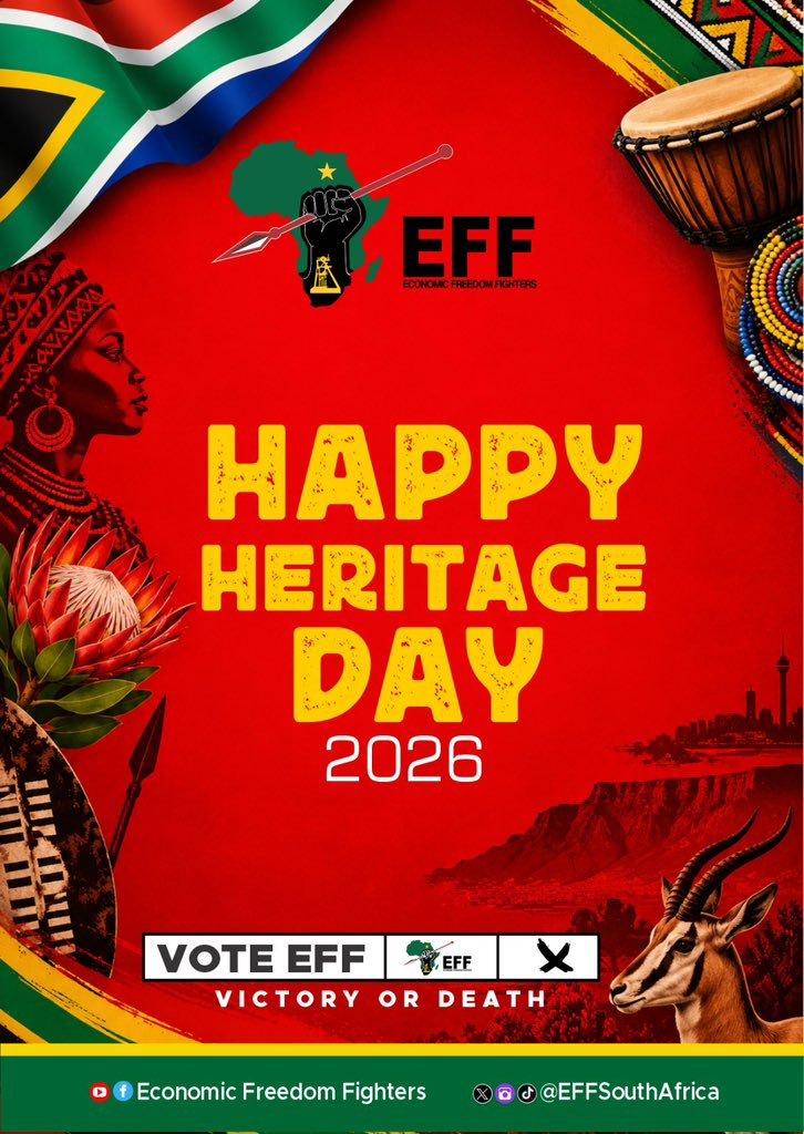 EFF_FreeState's tweet photo. The EFF wishes all South Africans a meaningful Heritage Day. 

On this Heritage Day, we must therefore reflect on what binds us together at a time when there are powerful forces seeking to divide us. https://t.co/ao4V8AudD9