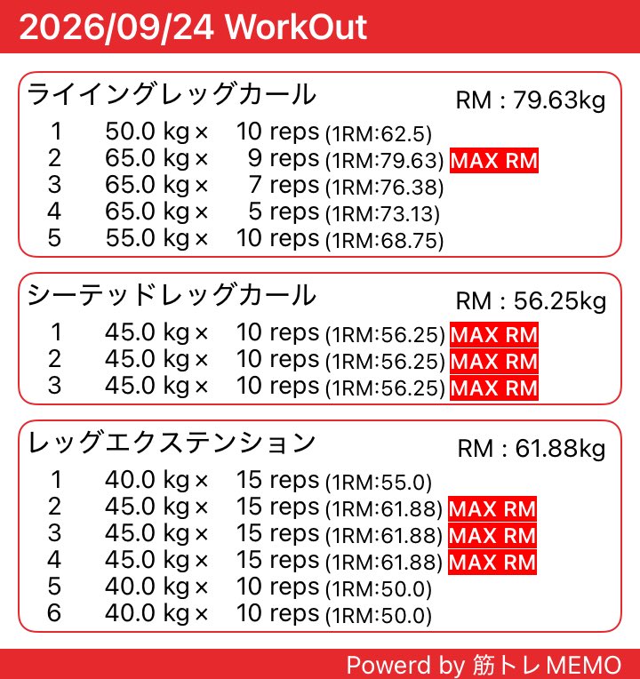 massa_fuk's tweet photo. 🏋️‍♂️ 2026/09/24 脚トレ

今日は脚の日🔥
有酸素はクロストレーナー10分。

【トレーニング】
・ライ���ングレッグカール
65kg × 9rep

・シーテッドレッグカール
45kg × 10rep × 3set

・レッグエクステンション
45kg × 15rep × 3set

体重 84.5kg

PFCは
🥩 P 163g
🍚 C 142g
🥑 F 62g

減量中でも筋力は落とさない💪
少しずつ重量・回数を伸ばしていく。

#筋トレ #脚トレ #減量 #ダイエット #ボディメイク #筋トレ男子 #トレーニング記録