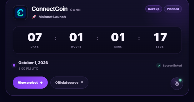 connectcoincc's tweet photo. 🚀 The countdown is officially on.

ConnectCoin Mainnet launch ETA: October 1, 2026 at 3:00 PM UTC.

We’re now featured on the @Chainquiry countdown as we head toward launch. 🔵

⏳ Follow the countdown:
https://t.co/TacPh1VQTI
https://t.co/b4Yrxo8sm4

$CONN #ConnectCoin #Mainnet https://t.co/usR3Zr8gZu