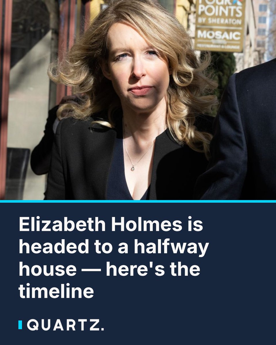 qz's tweet photo. Elizabeth Holmes is headed to a halfway house — here's the timeline
The Theranos founder, currently serving time for wire fraud, is set to move to an Austin transitional center in August 2027 and won't be fully released until 2030. Her s
#ElizabethHolmes #Theranos #FirstStepAct https://t.co/2E7g1Vp3gl