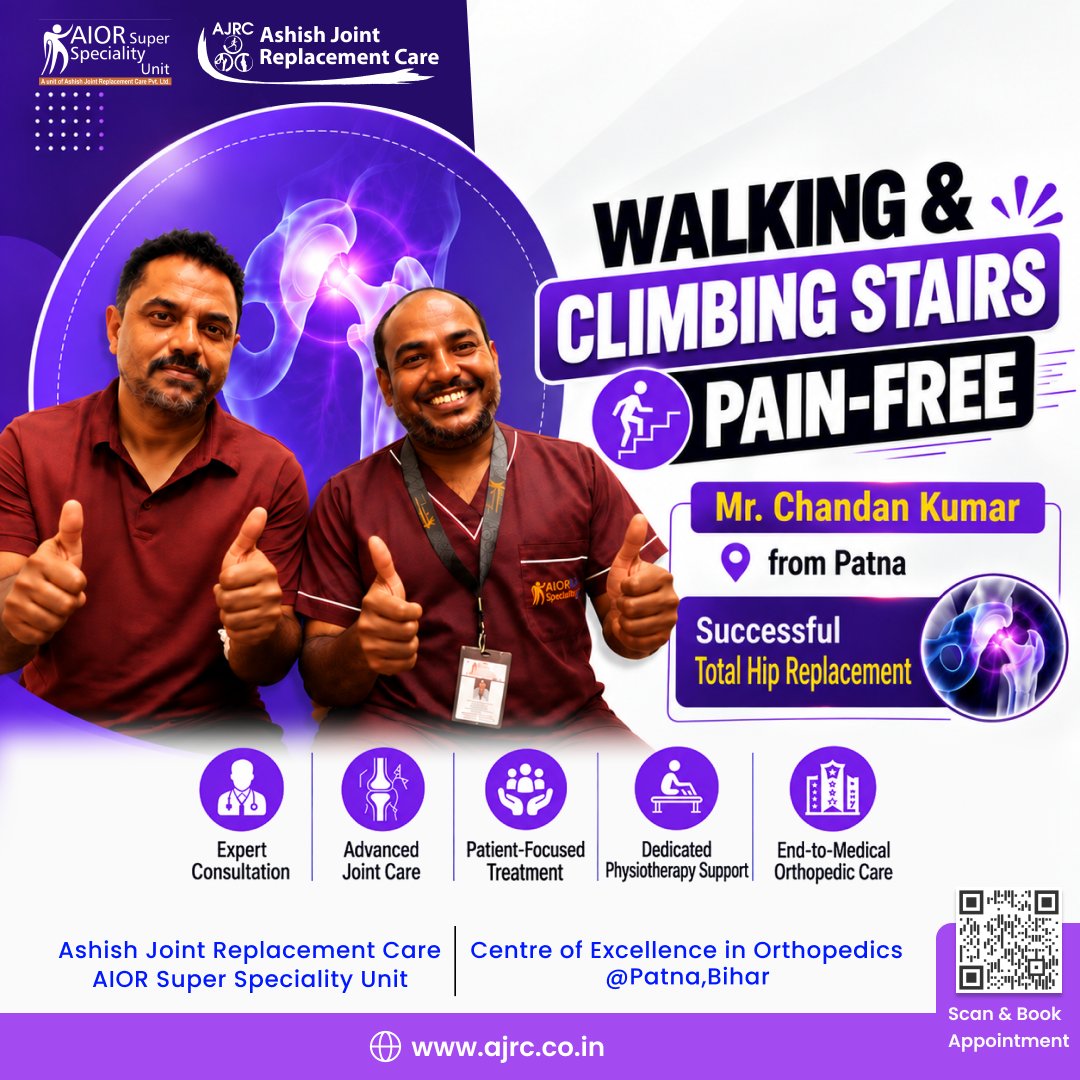anupinstitute's tweet photo. Mr. Chandan Kumar from Patna suffered from severe hip pain and walking difficulty for 3 to 4 years.
Watch his inspiring recovery story here:
https://t.co/K9WzMhd7qT
#RoboticHipReplacement #TotalHipReplacement #THR #PatientTestimonial #DrAshishSinghPatna #AJRCPatna https://t.co/kHPj8HxMCv