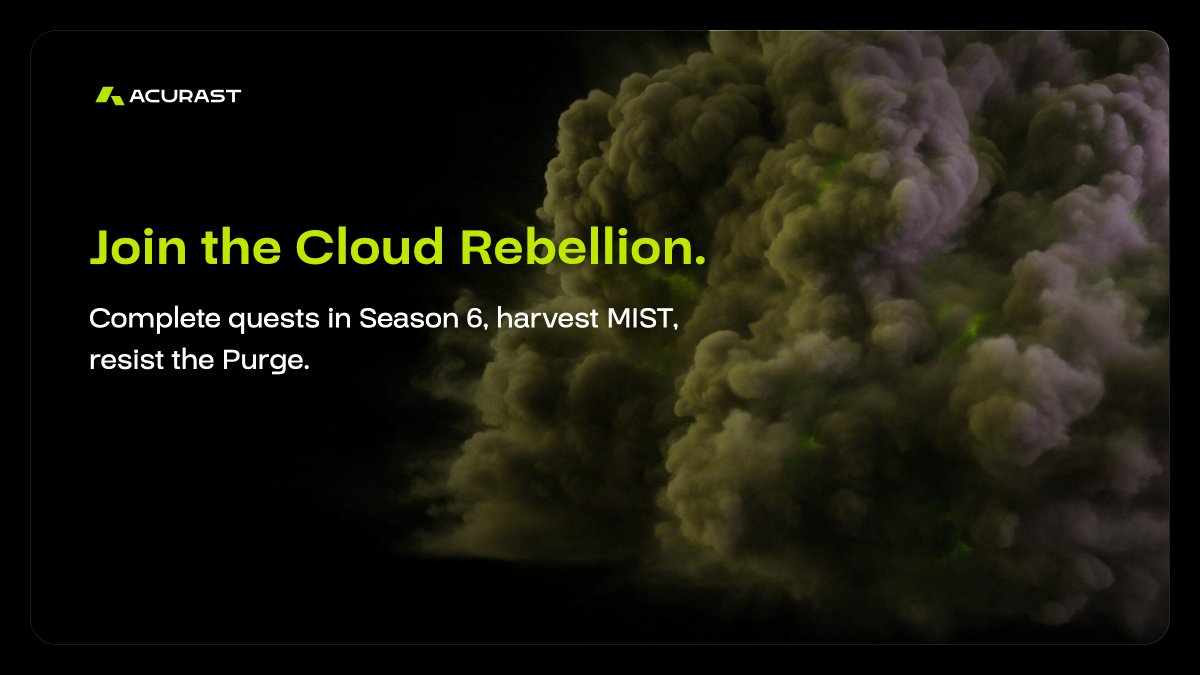 Acurast's tweet photo. There's still time to climb the ranks in S6 of the Cloud Rebellion.

Connect your phone, deploy an app, run your daily quests. Every action harvests MIST and moves you up the ranks.

Want a shot at ACU? Resist the Purge is a last-one-standing elimination game. Pay in with MIST, pick a sector to hide in, and survive the waves as the Monopoly thins the ranks. Exfiltrate with your MIST, or hold out for the 10,000 ACU waiting for the last one alive.

Join the Rebellion: https://t.co/D1fMkQ2lXl