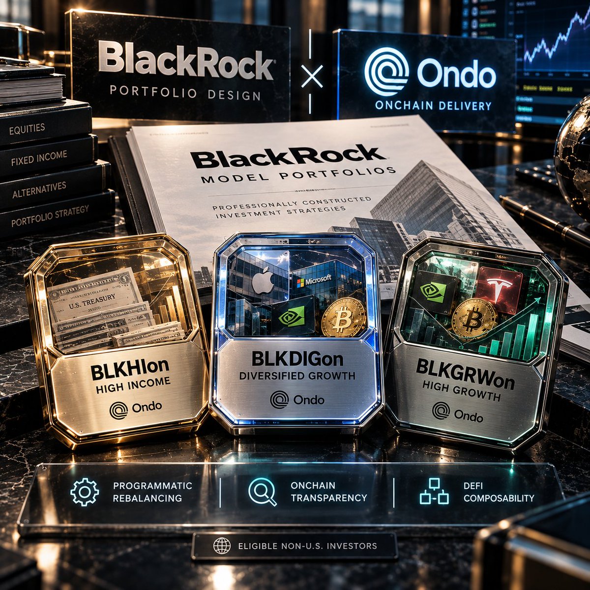 CryptoEconomyEN's tweet photo. 🏦 BlackRock-Designed Portfolios Are Coming Onchain With Ondo

@Ondo Finance has launched Intelligent Portfolios, introducing three investment strategies developed by BlackRock and delivered as single transferable onchain tokens.

The initial lineup includes:

• BLKHIon: High Income
• BLKDIGon: Diversified Growth
• BLKGRWon: High Growth

Each token provides exposure to a professionally constructed portfolio while adding features native to blockchain infrastructure, including programmatic rebalancing, onchain transparency and DeFi composability. ethereum:0xfaba6f8e4a5e8ab82f62fe7c39859fa577269be3 

The products are available to eligible non-U.S. investors in permitted jurisdictions through wallets, exchanges and DeFi applications.