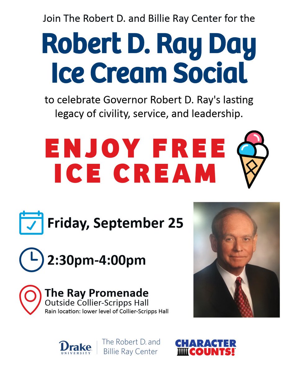 TheRayCenter's tweet photo. Tomorrow's the day! 🍦

Join us for the Robert D. Ray Day Ice Cream Social and enjoy free ice cream while celebrating the legacy of RDR!

☔Location note: Due to projected weather this event will be held indoors on the lower level of Collier-Scripps Hall. 

#RobertDRayDay https://t.co/TKgl13xx7U