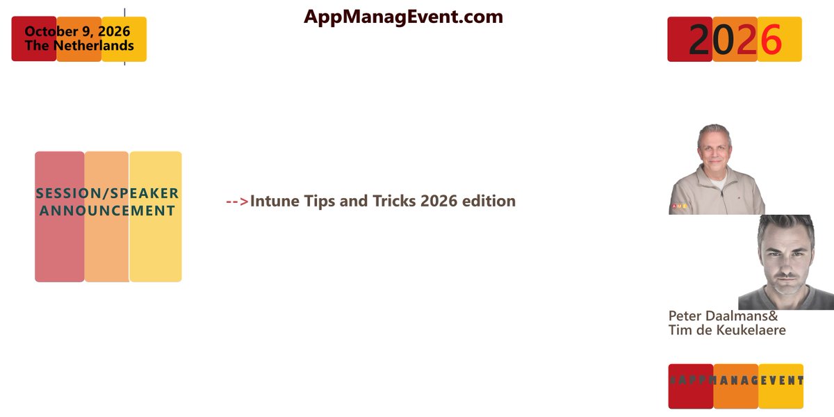 appmanagevent's tweet photo. Intune moves fast.
@Pdaalmans &amp; Tim de Keukelaere - @Tim_dk  are back with their favorite tips, tricks, and automation hacks for admins. 

AME2026, Oct 9, Jaarbeurs Utrecht.
 https://t.co/4Wfv9tFCft https://t.co/h8SUm2OiOf