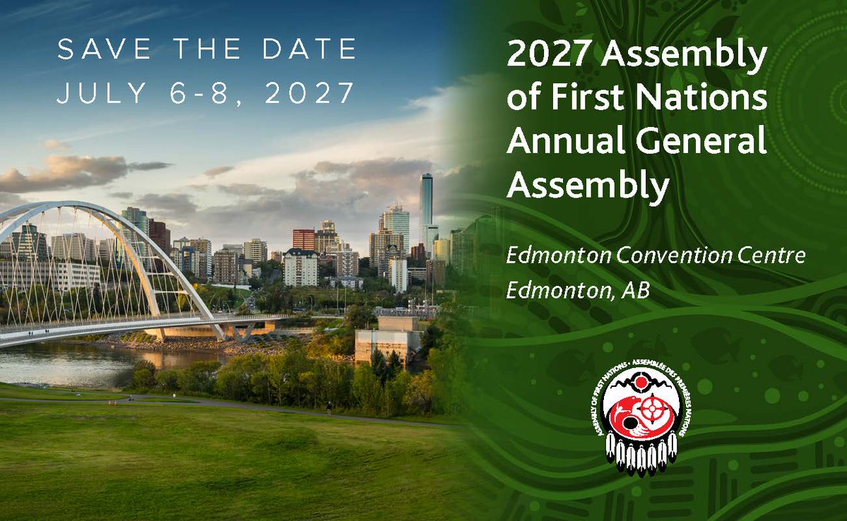 AFN_Updates's tweet photo. Mark your calendar! First Nations leaders, Knowledge Keepers, Elders, youth, women, Veterans, and 2SLGBTQQIA+ individuals will gather for the 2027 AFN Annual General Assembly from July 6-8 at the Edmonton Convention Centre in Edmonton, Alberta. Subscribe to the AFN newsletter and follow us on social media for the latest updates and information. https://t.co/nb7aO2czXa #AFNAGA2027