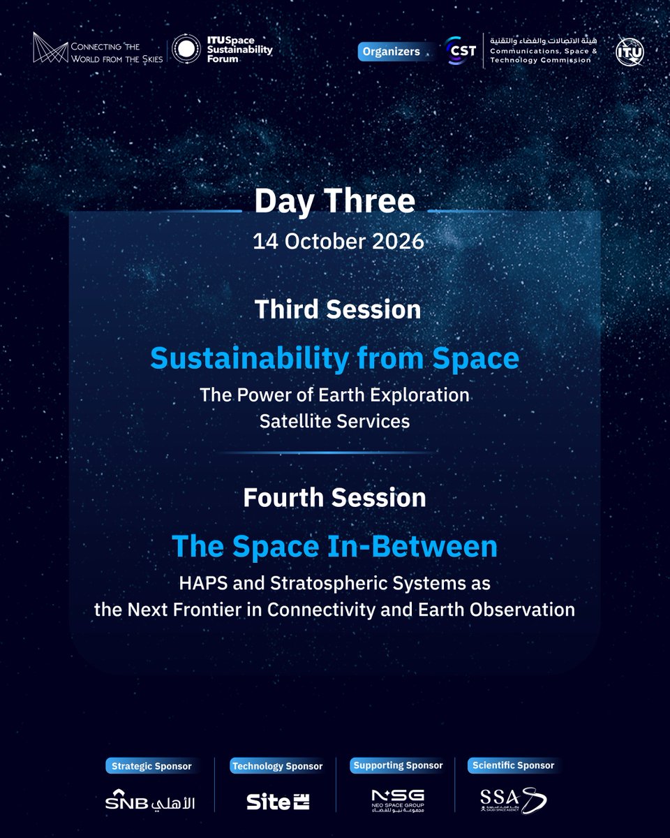 CST_KSA's tweet photo. Panel discussions addresses global outlooks on the future of Connectivity & Sustainability.
As part of the Global Space Connectivity & Sustainability Event’s third day’s agenda.
For more: https://t.co/iI3m5iyjbv
#SCS26
#Connected_Earth_Sustainable_Space https://t.co/pckNpcbRg1