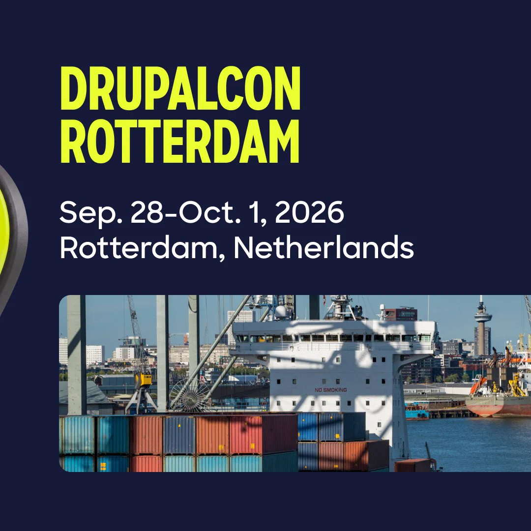 Announcement for DrupalCon Rotterdam event from September 28 to October 1, 2026, in Rotterdam, Netherlands with a harbor scene.