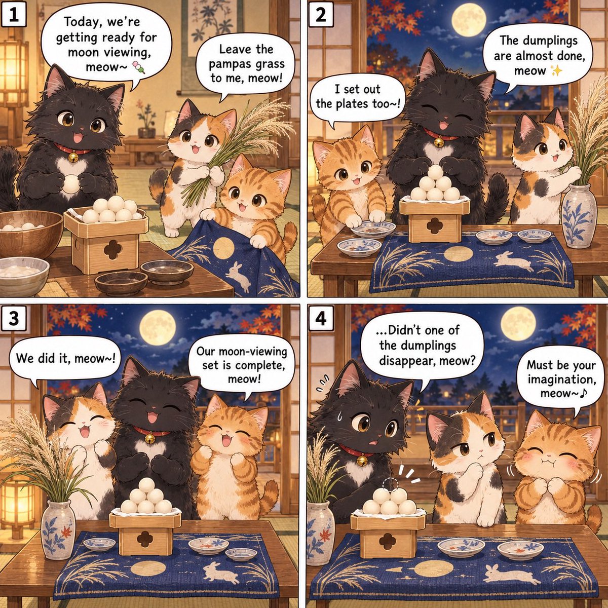 jun_blair_melon's tweet photo. Good Meowning~ 🐈⬛🐾
Our moon-viewing setup is all ready~ 🍡
But… is one dumpling missing, meow? 😹
#KuroTheCat #MoonViewing #Dango https://t.co/S5aVOdT81A