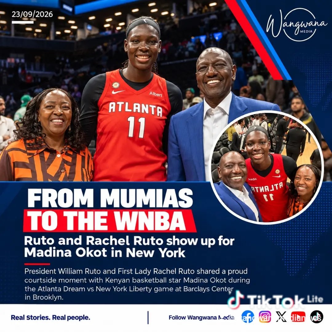 WangwanaMedia's tweet photo. FROM MUMIAS TO THE WNBA

President William Ruto and First Lady Rachel Ruto shared a courtside moment with Kenyan basketball star Madina Okot during the Atlanta Dream vs New York Liberty game at Barclays Center in Brooklyn, New York. https://t.co/ToVX9cW6sR