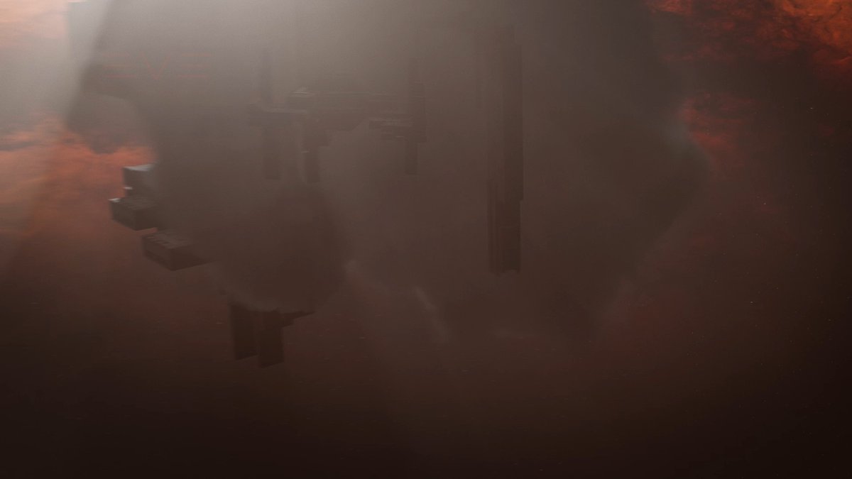 A dark, atmospheric digital artwork shows a mechanical structure partially obscured by reddish-brown smoke or clouds, with a faint red triangle/eye symbol in the upper left.